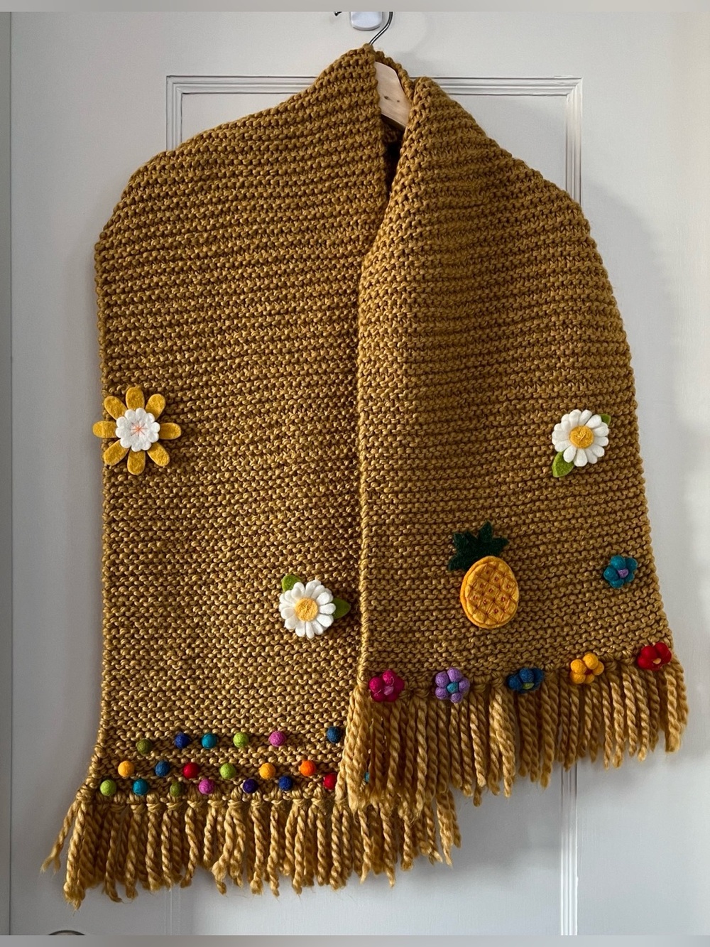 Knit Gold Scarf with Floral Felt Decor and Tassels